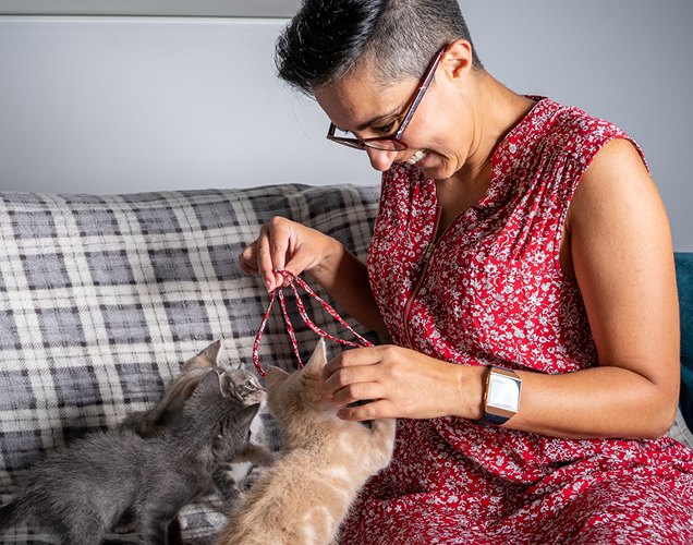 Myriam playing with some of her foster kittens